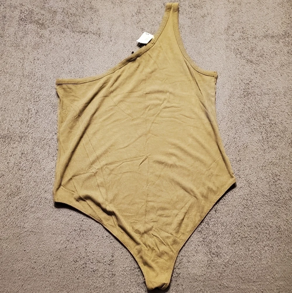 Olive Green Ribbed One Shoulder Tanktop Bodysuit XL New
